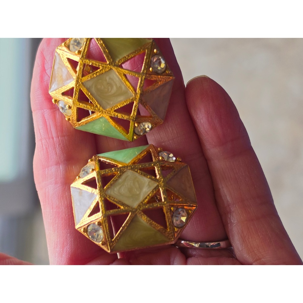 Vintage AVON Geometric Cage Clip On Earrings Gold Tone Pastel Enamel